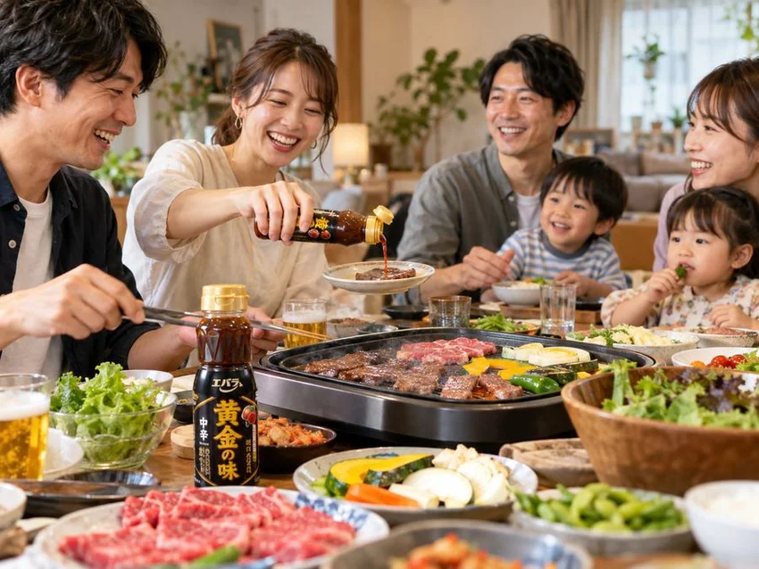 30代後半で子どもが小さい家族や友人のホームパーティで、エバラ食品 黄金の味 中辛を使って焼肉を楽しんでいる写真風イメージ