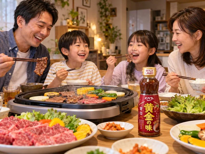 40代の4人家族が、エバラ食品 黄金の味 甘口で焼肉を楽しんでいる写真風イメージ
