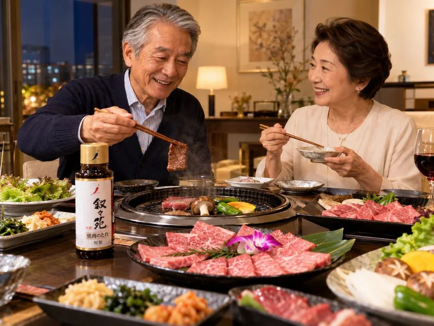 70代の老夫婦が、叙々苑 焼肉のたれ 特製で焼肉をゆったり楽しんでいる写真風イメージ