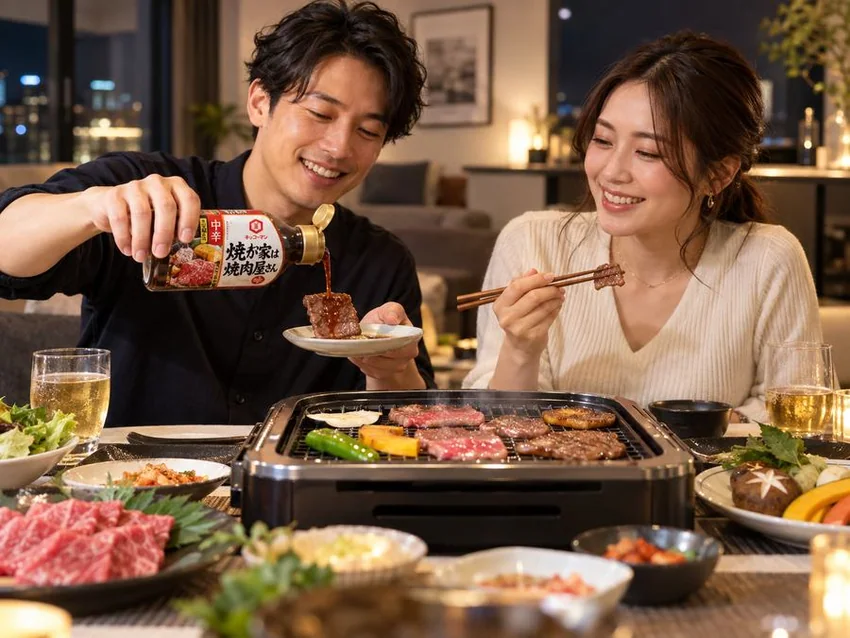 共働きの30代DINKSが、キッコーマン わが家は焼肉屋さん 中辛で週末の焼肉を楽しんでいる写真風イメージ