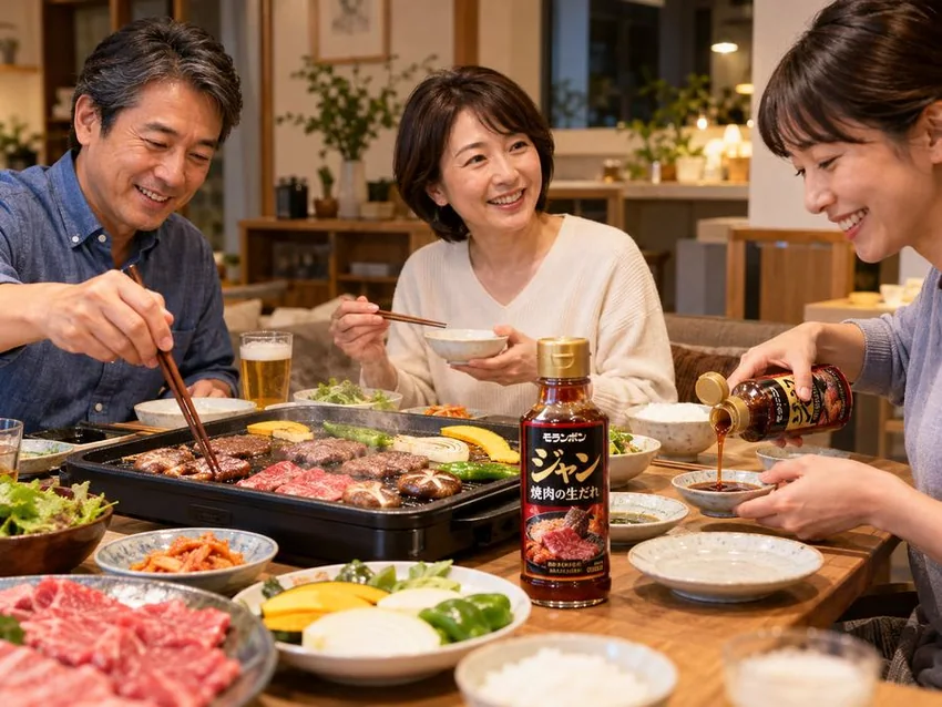 50代の3人家族が、モランボン ジャン 焼肉の生だれで焼肉を楽しんでいる写真風イメージ