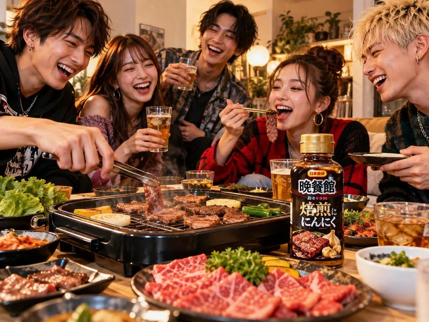 派手な若者5名が、日本食研 晩餐館 焙煎にんにくを使って焼肉パーティを楽しんでいる写真風イメージ