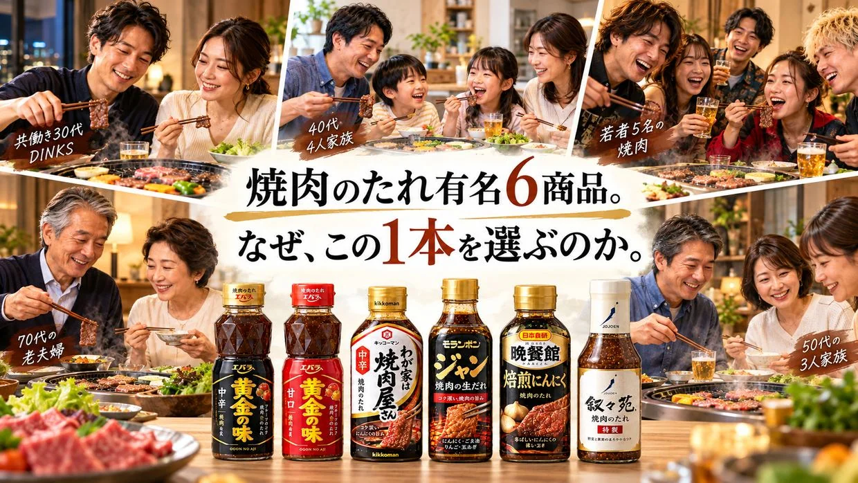 焼肉のたれ有名6商品と、それぞれの利用者像を写真風にコラージュしたメインビジュアル。共働き30代DINKS、40代4人家族、若者5名、70代老夫婦、50代3人家族が焼肉を楽しみ、中央に6商品のボトルが並ぶ。