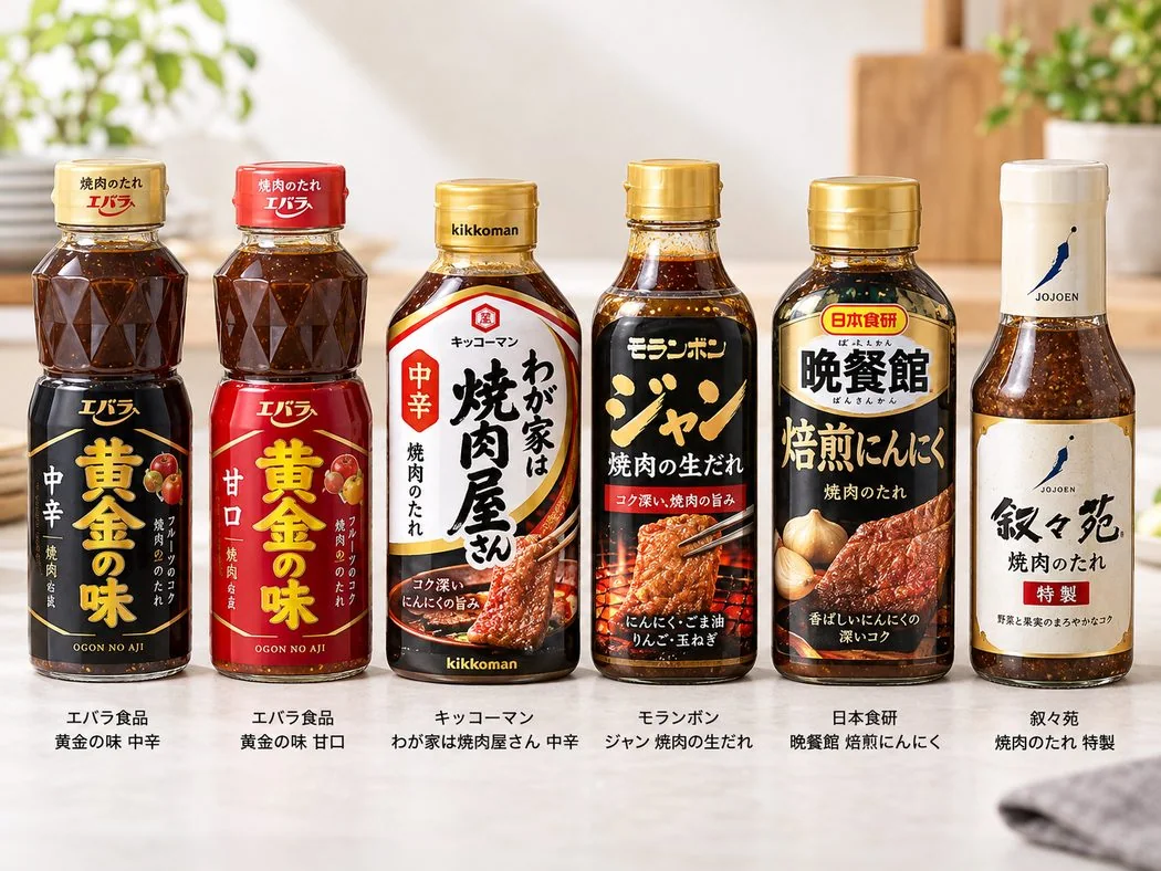 焼肉のたれ6商品のパッケージ一覧。エバラ食品 黄金の味 中辛、エバラ食品 黄金の味 甘口、キッコーマン わが家は焼肉屋さん 中辛、モランボン ジャン 焼肉の生だれ、日本食研 晩餐館 焙煎にんにく、叙々苑 焼肉のたれ 特製を並べた画像